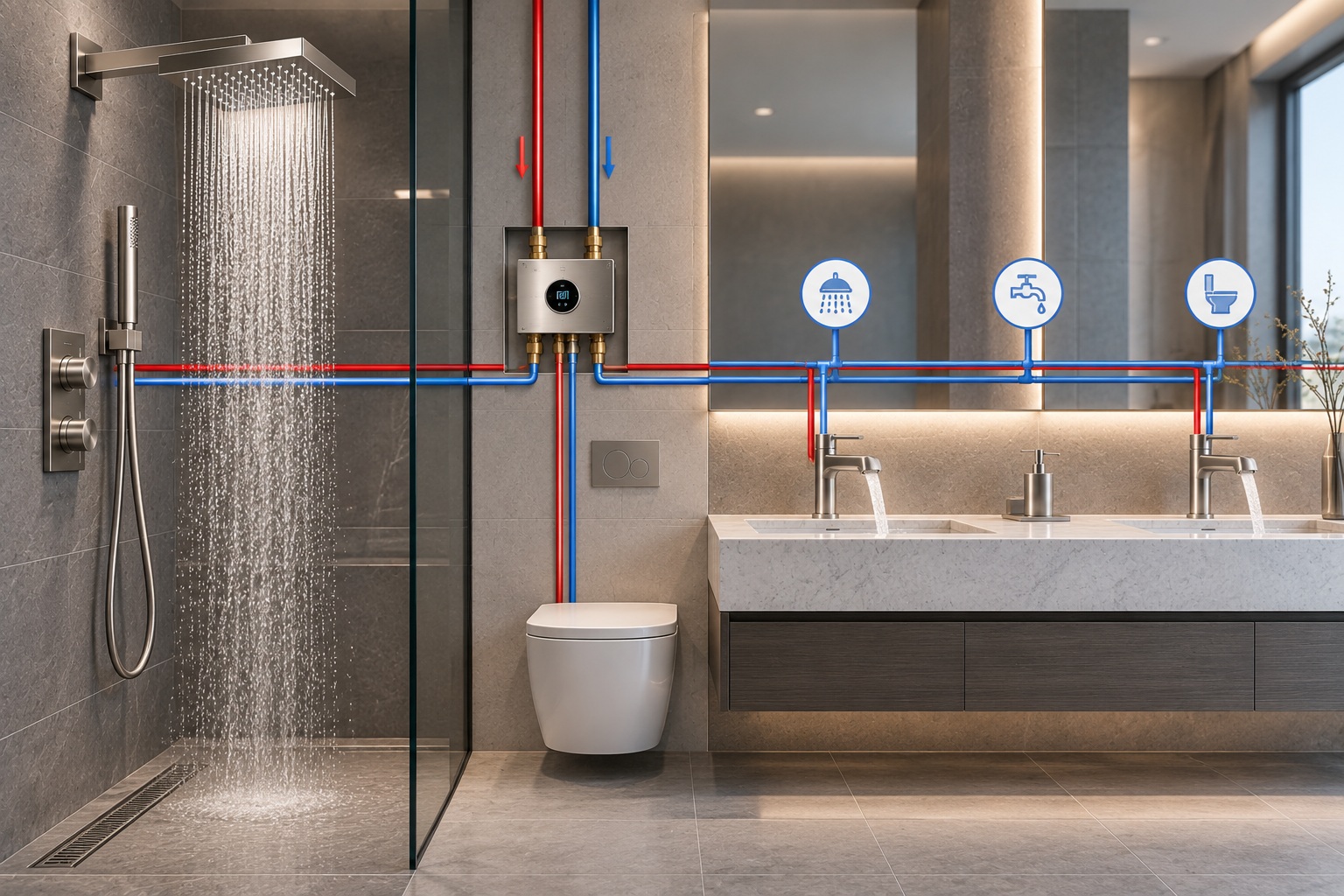 BathSelect whole-system water efficiency with coordinated supply conditions fixture demand and performance balance